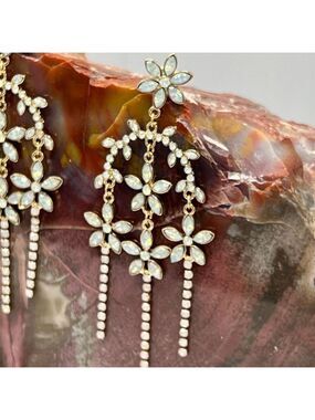 Gold Floral Waterfall Swarovski Crystals Statement Earrings